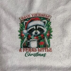 Christmas Raccoon Towel with Santa Hat and Mug